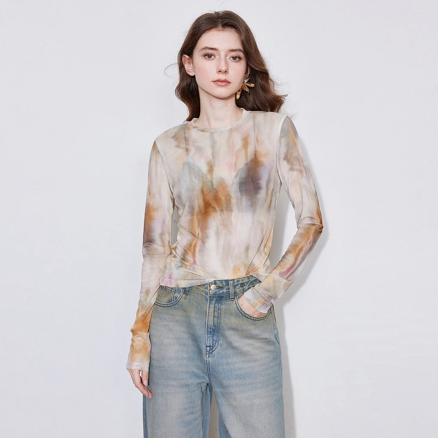 Blusa Feminina de Tule Manga Longa com Patchwork Jeans