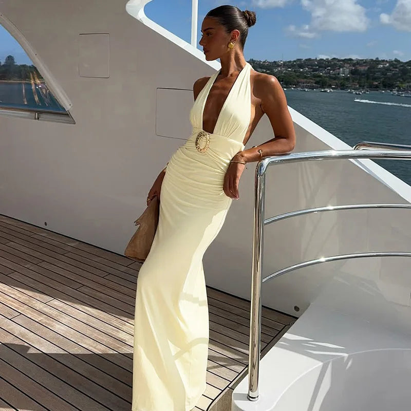 Vestido Longo Feminino Frente Única com Argola e Franzidos