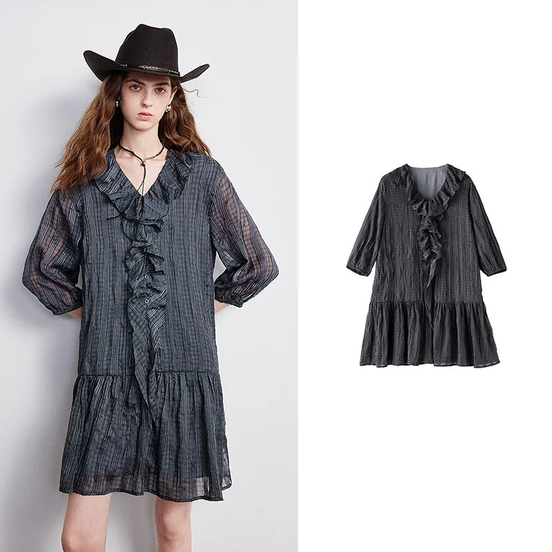 Vestido Boho Curto Xadrez Manga 3/4