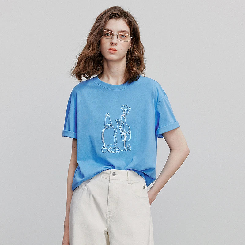 Camiseta Feminina Casual com Bordado Cartoon