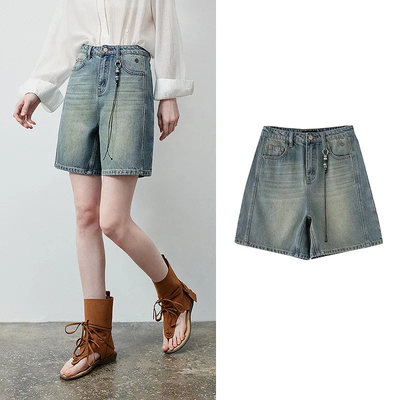 Shorts Jeans Feminino Wide Leg 100% Algodão com Pingente