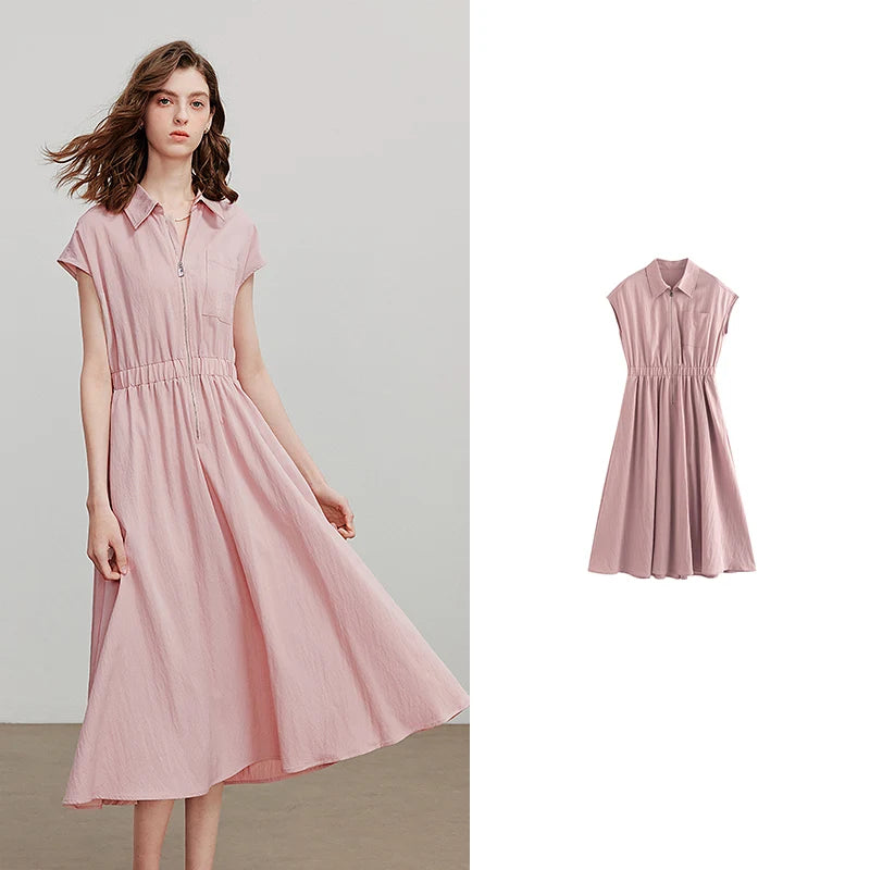 Vestido Midi com Bolsos e Gola Camisaria
