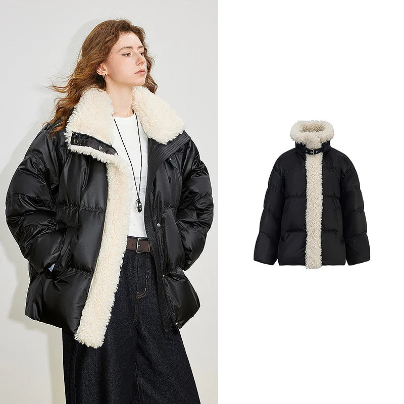 Jaqueta Puffer Feminina 90% Plumas com Gola Alta de Pelo black