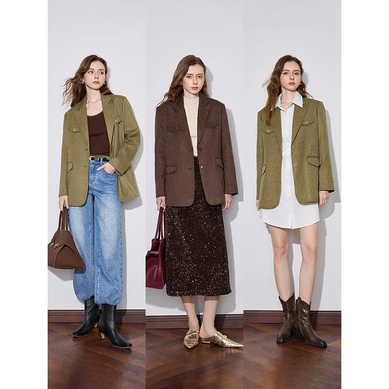 Blazer Feminino Estruturado de Inverno com Gola Alfaiataria