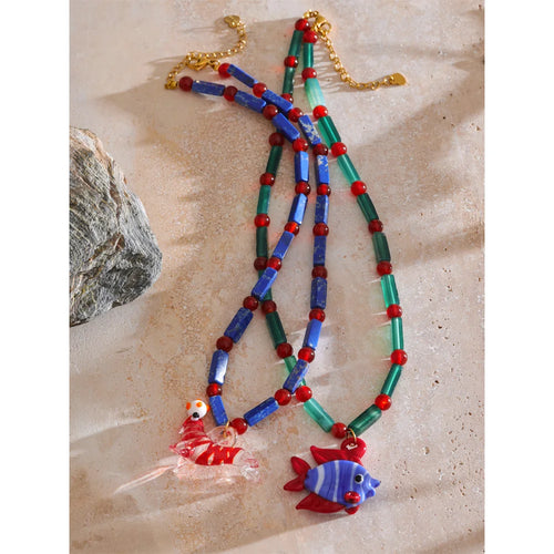 Yhpup Ocean Style Glazed Sea Lion Fish Pendant Necklace High Quality Natural Stone Chain Handmade Jewellery Waterproof Gift
