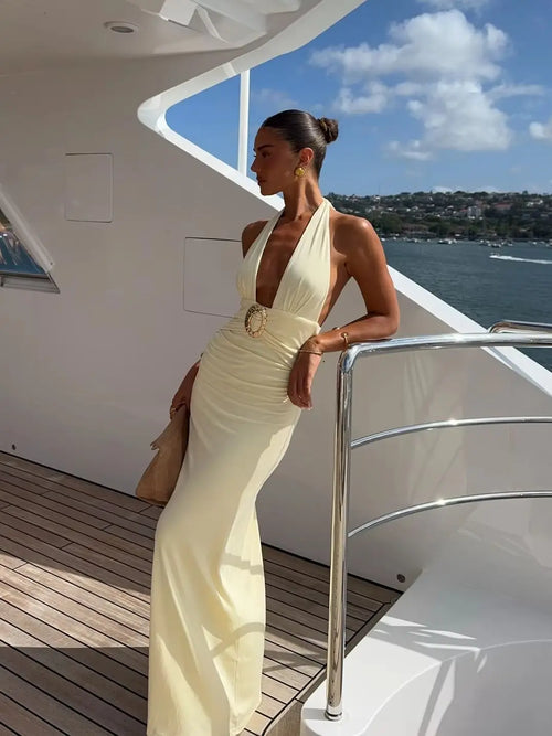 Elegant Women's Halter Curvy Long Dress V Neck Lace-up Backless Maxi Dresses Evening Wedding Guest Holiday Summer Yellow White