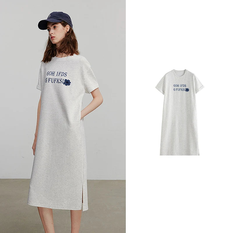 Vestido Camiseta Midi com Estampa de Letras Light Gray