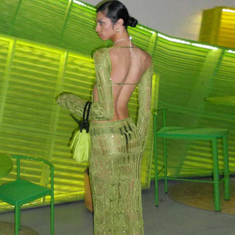 Vestido Longo Feminino de Tricô Vazado com Costas Abertas green