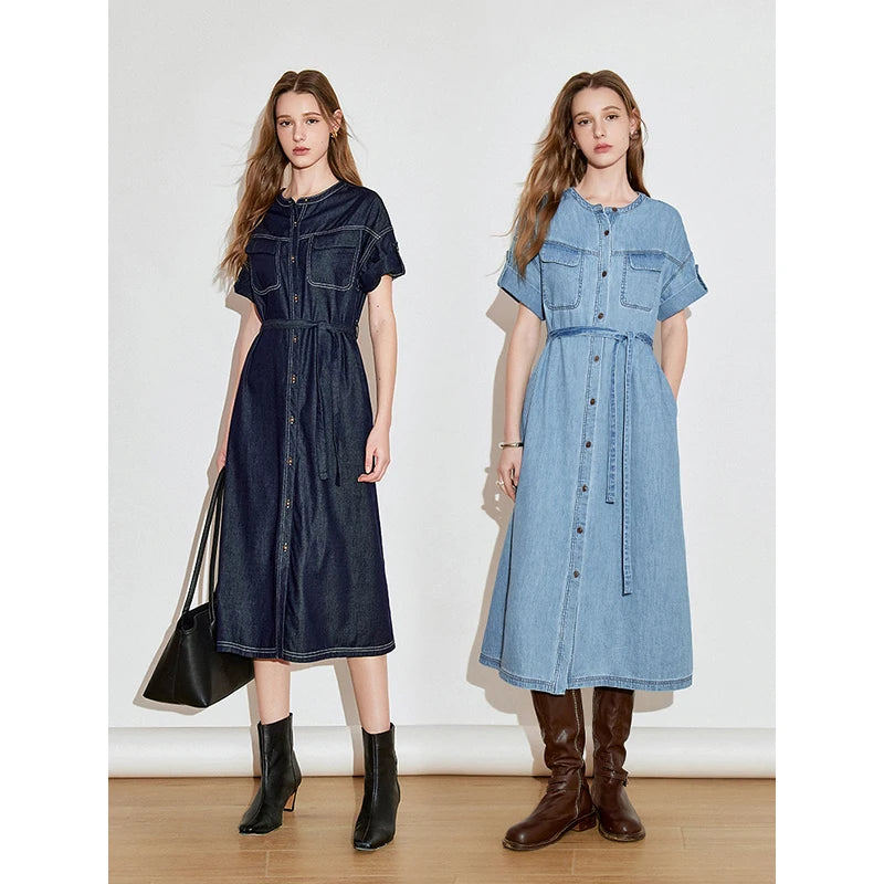 Vestido Jeans Midi Manga Curta com Amarração