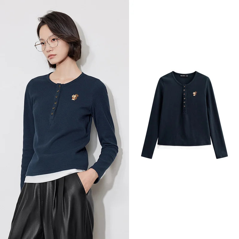 Blusa Feminina de Tricô com Bordado Esquilo Efeito Duas Peças