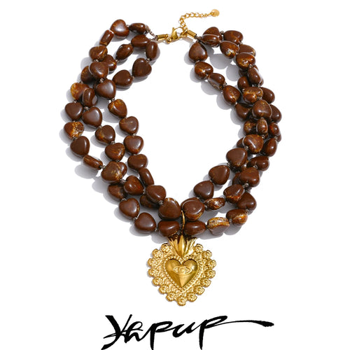 Yhpup New Autumn Winter Layered Acrylic Beads Handmade Chain Heart Pendant Necklace Fashion Stainless Steel Statement Jewelry