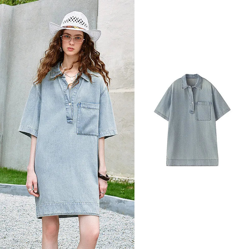 Vestido Polo Curto Jeans Manga 3/4