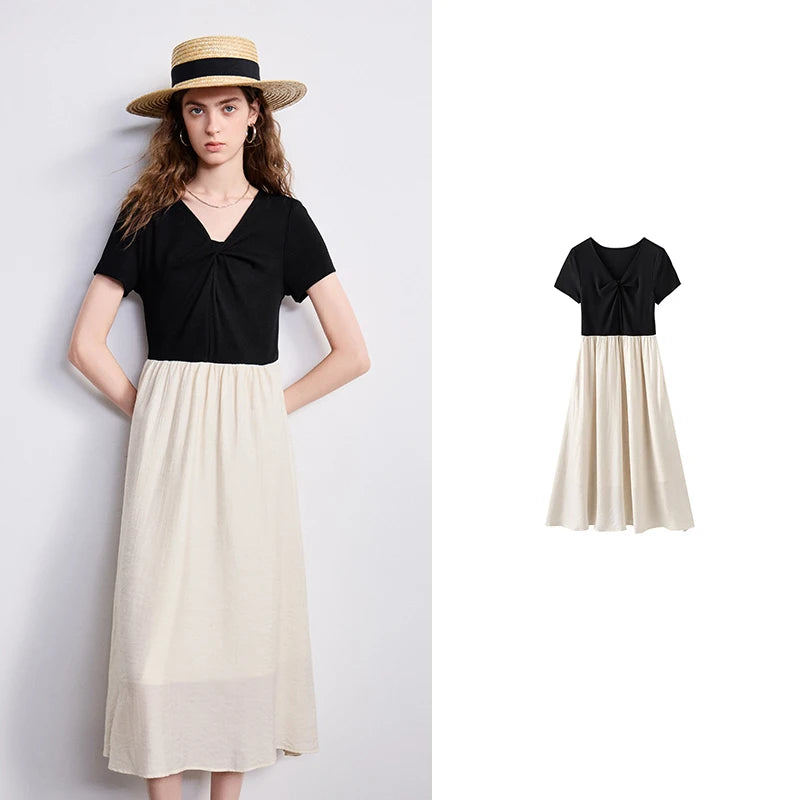 Vestido Midi Bicolor com Decote V e Efeito Duas Peças Black Apricot
