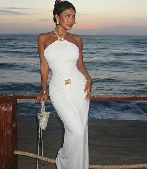 Vestido Longo Feminino Frente Única com Franzidos