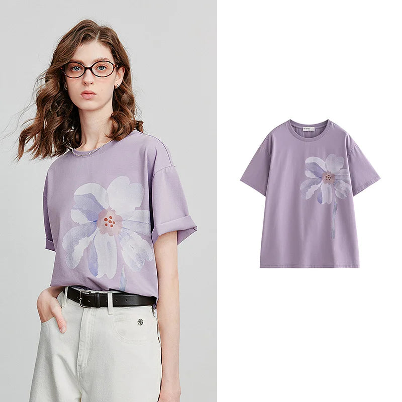 Camiseta Feminina de Liocel e Algodão com Estampa Lírio