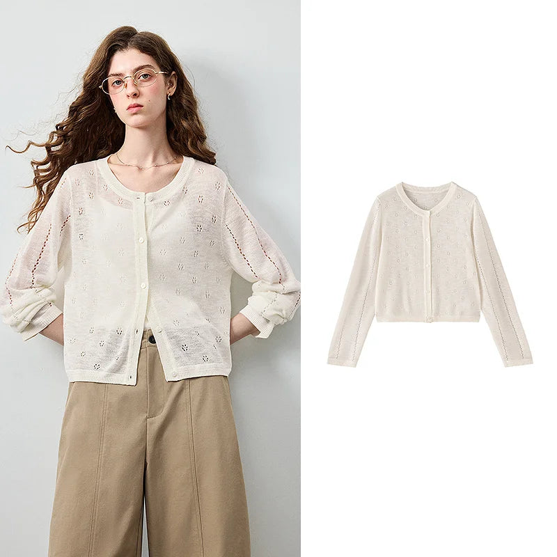 Cardigan Feminino de Linho com Crochet Vazado
