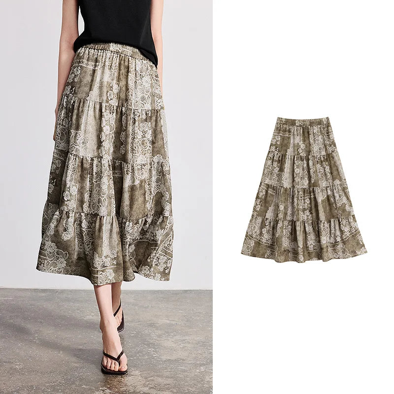 Saia Midi Feminina Floral em Camadas