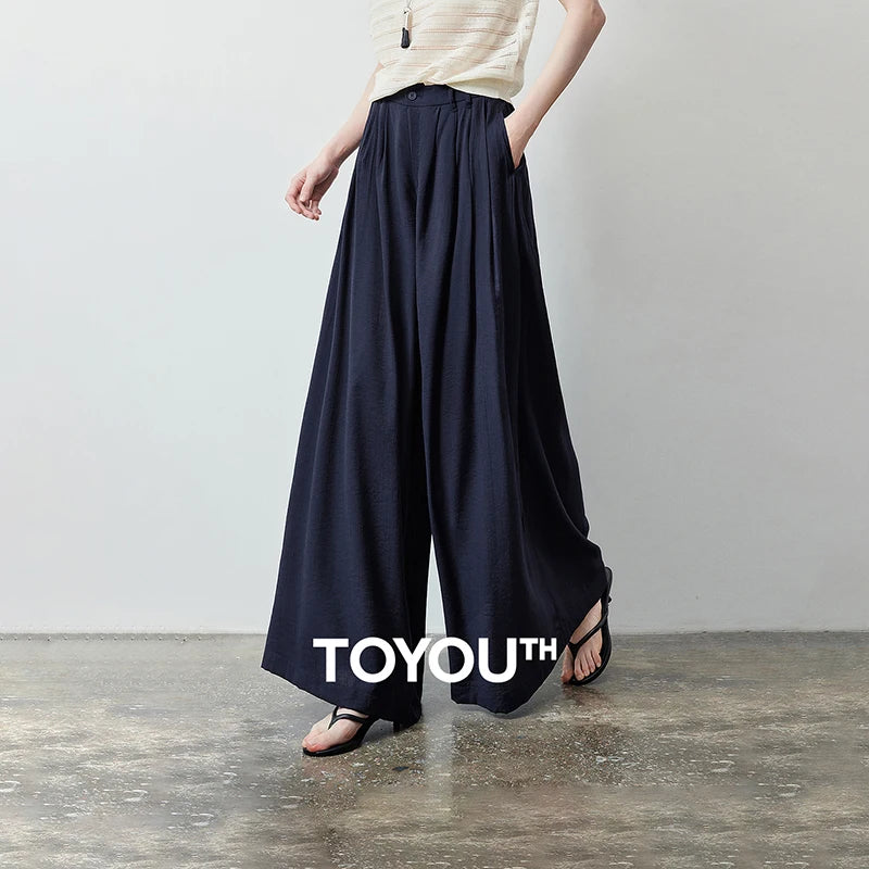 Calça Pantalona Feminina Azul-Marinho com Cós Elástico