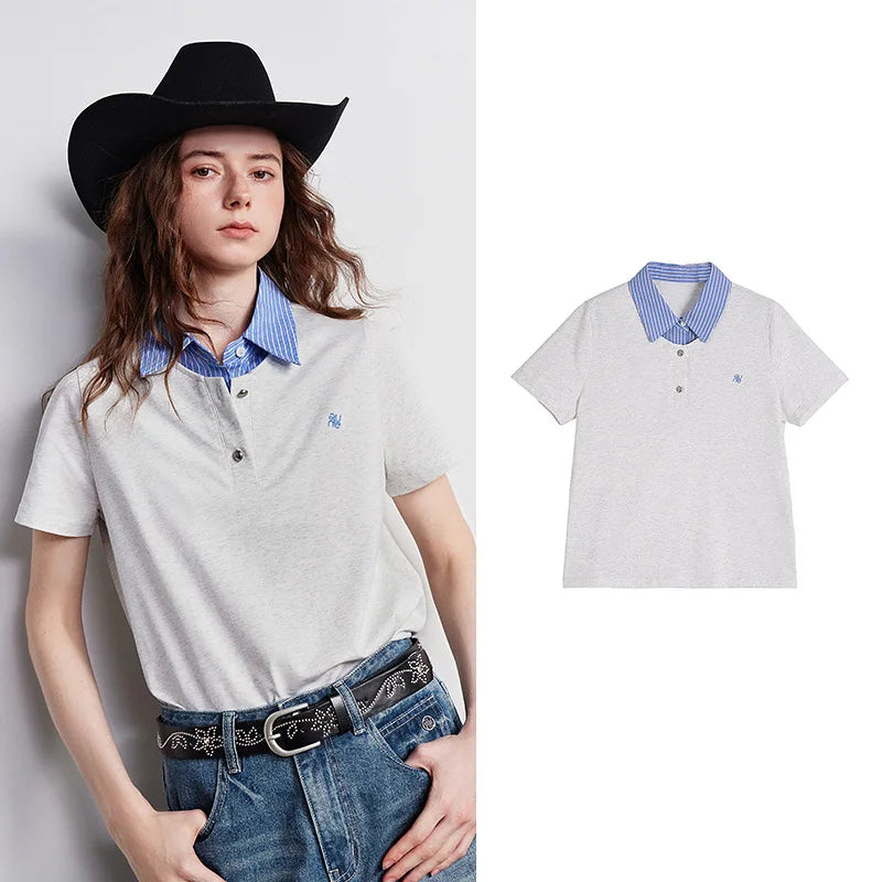 Camiseta Feminina de Algodão Listrada Efeito Duas Peças