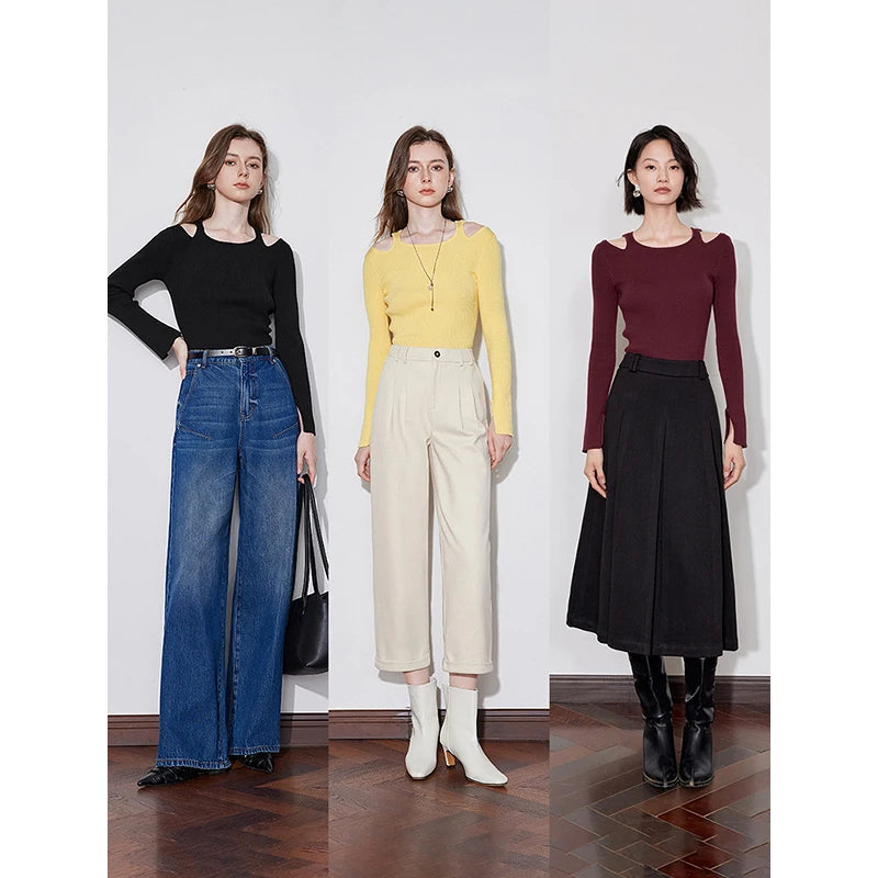 Suéter Feminino Ombro a Ombro com Cintura Marcada