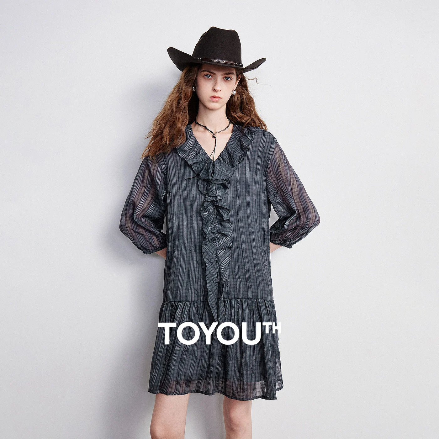 Vestido Boho Curto Xadrez Manga 3/4
