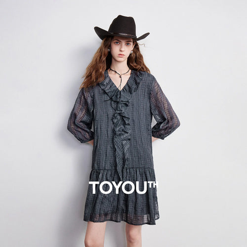 Vestido Boho Curto Xadrez Manga 3/4