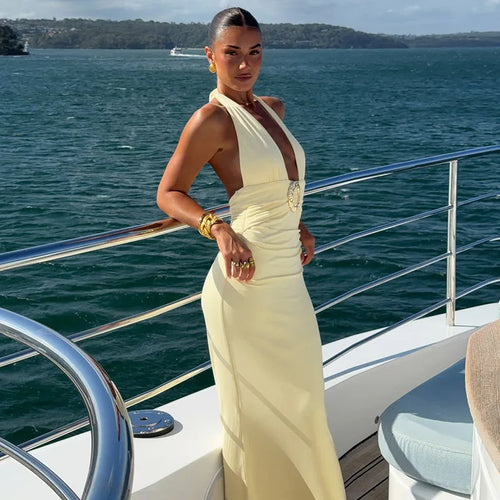 Elegant Women's Halter Curvy Long Dress V Neck Lace-up Backless Maxi Dresses Evening Wedding Guest Holiday Summer Yellow White
