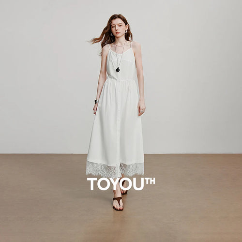Vestido Midi de Liocel com Alças e Detalhe de Renda