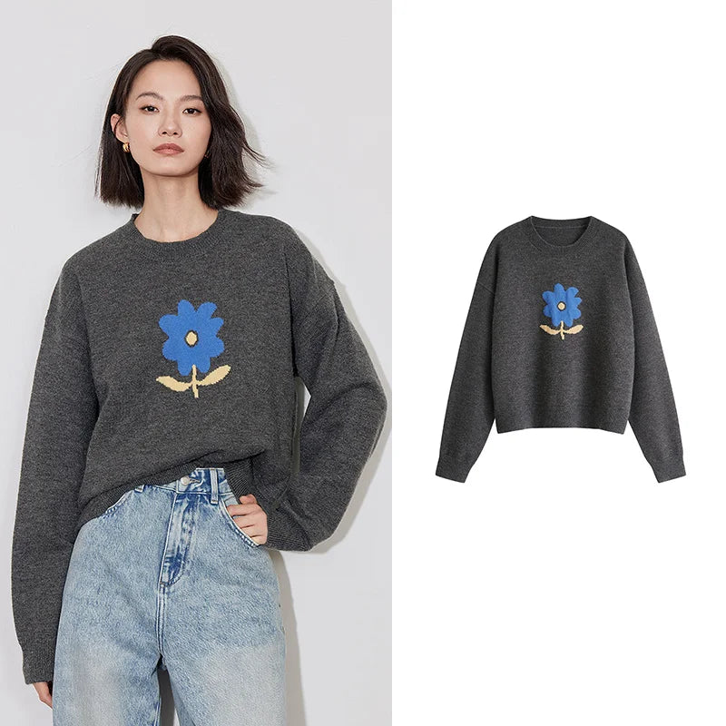 Suéter Feminino Floral Jacquard Grosso para Inverno