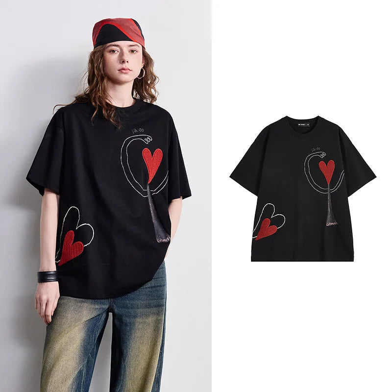 Camiseta Feminina 100% Algodão com Bordado Coração