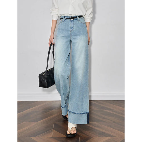 Calça Jeans Feminina Wide Leg com Barra Dobrada