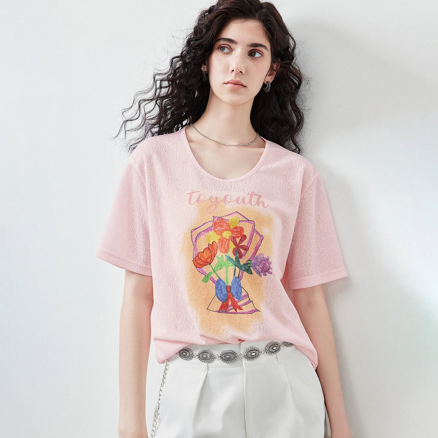 Camiseta Feminina de Algodão com Estampa Buquê