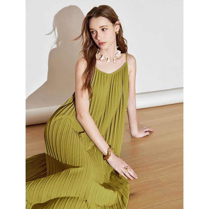Vestido Midi Estampado de Alças com Pregas