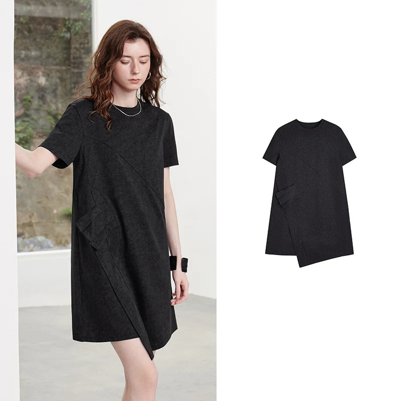 Vestido Camiseta Curto de Algodão com Barra Assimétrica Dark Gray
