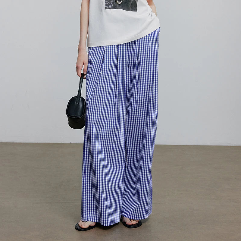 Calça Wide Leg Feminina Xadrez com Cós Elástico