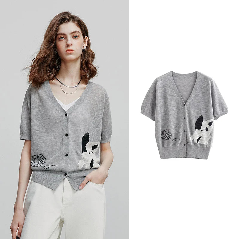 Blusa Feminina de Tricô Jacquard Gato com Decote V