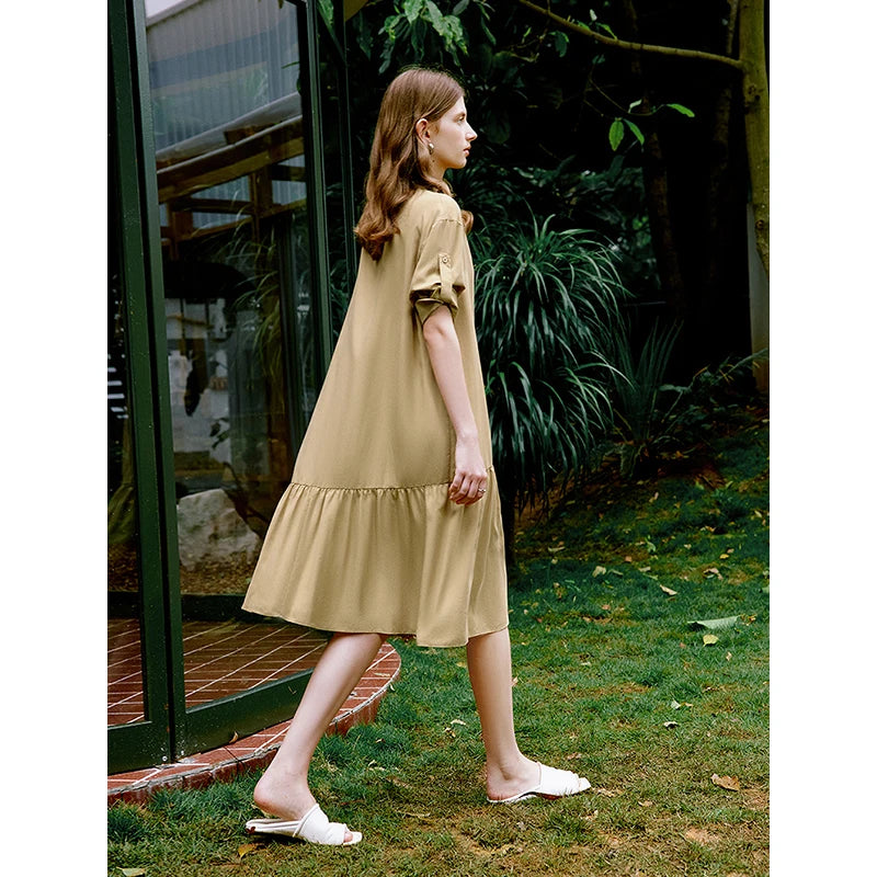 Vestido Chemise Curto em Liocel com Bolsos