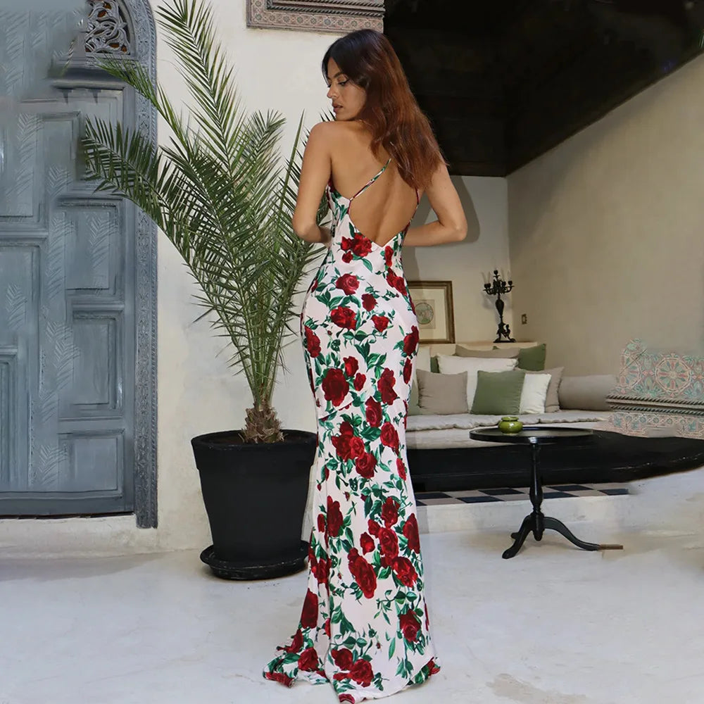 Vestido Longo Feminino Floral com Lenço no Decote