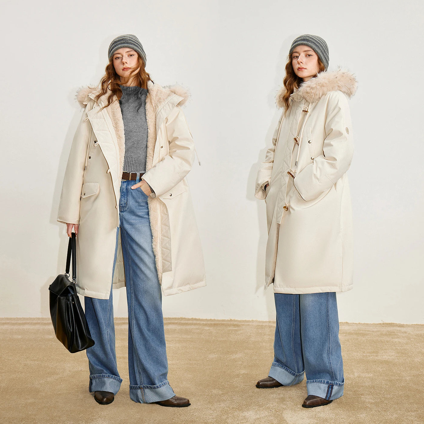 Casaco Puffer Feminino Midi com Capuz e Gola de Pelo Cinza
