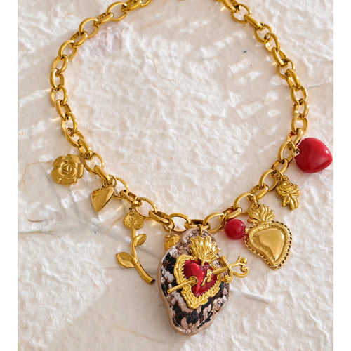 Yhpup Fashion Acrylic Resin Cherry Flower Heart Sun Pendant Charms Necklace Stainless Steel Golden Handmade Jewelry Gift