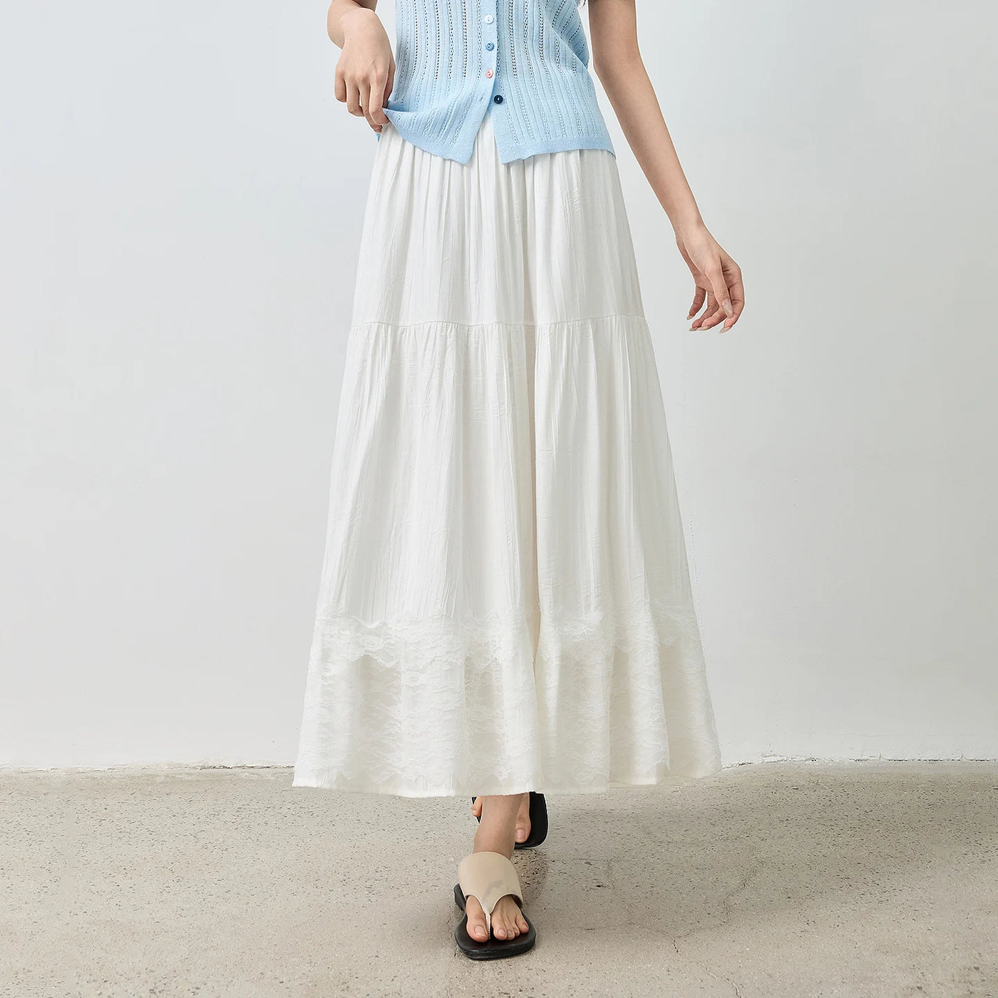 Saia Midi Feminina com Renda Patchwork Texturizada