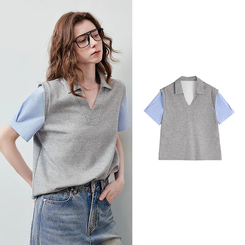 Camiseta Polo Feminina Efeito Colete Duas Peças