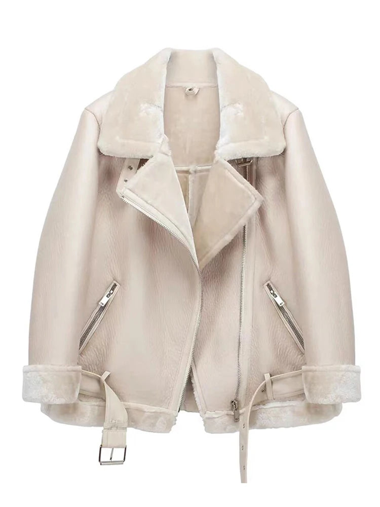 Jaqueta Aviador em Couro Sintético com Bolsos Shearling Beige China Mainland