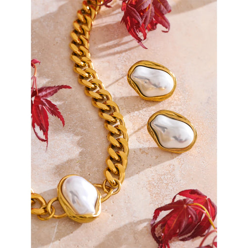 Yhpup Popular Baroque Simulated Pearls Golden Cuban Chain Necklace Earrings Vintage Stainless Steel Elegance Jewelry Gift