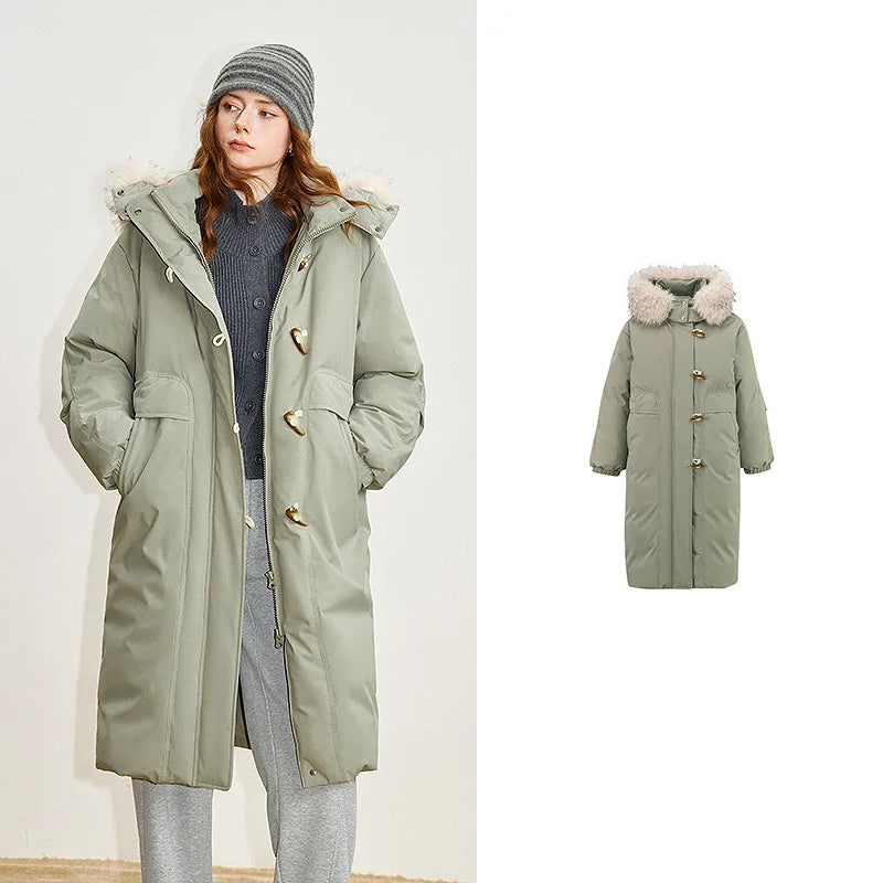 Casaco Puffer Feminino Longo com Capuz e Fecho de Chifre green
