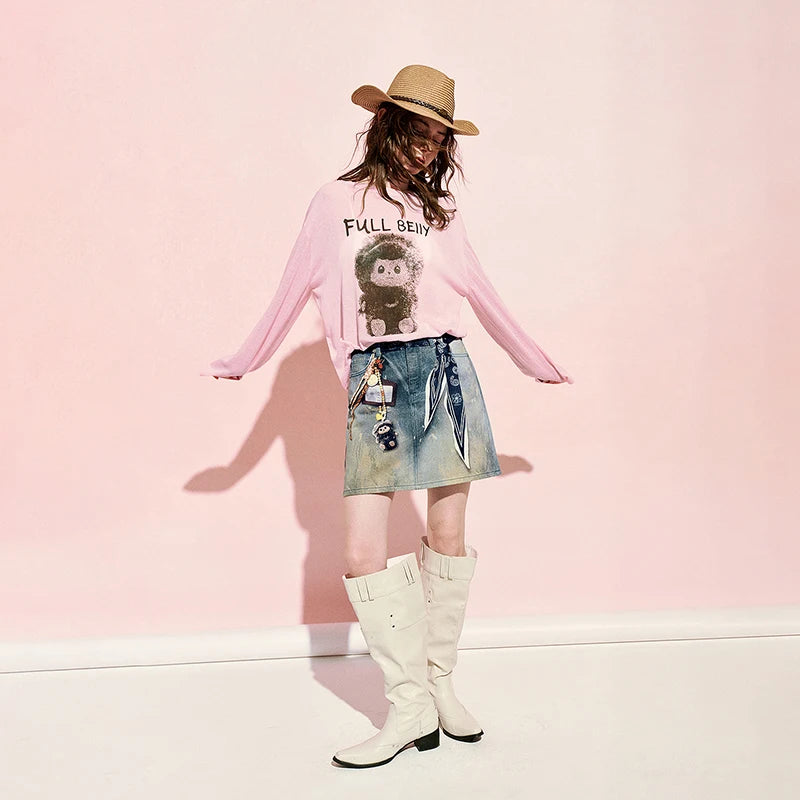 Saia Jeans Midi Feminina Estampada Evasê