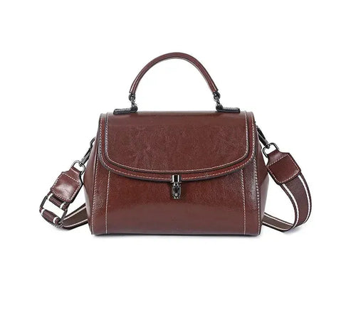 Bolsa Transversal Feminina Vintage de Couro Legítimo Café Minimalista Quadrada
