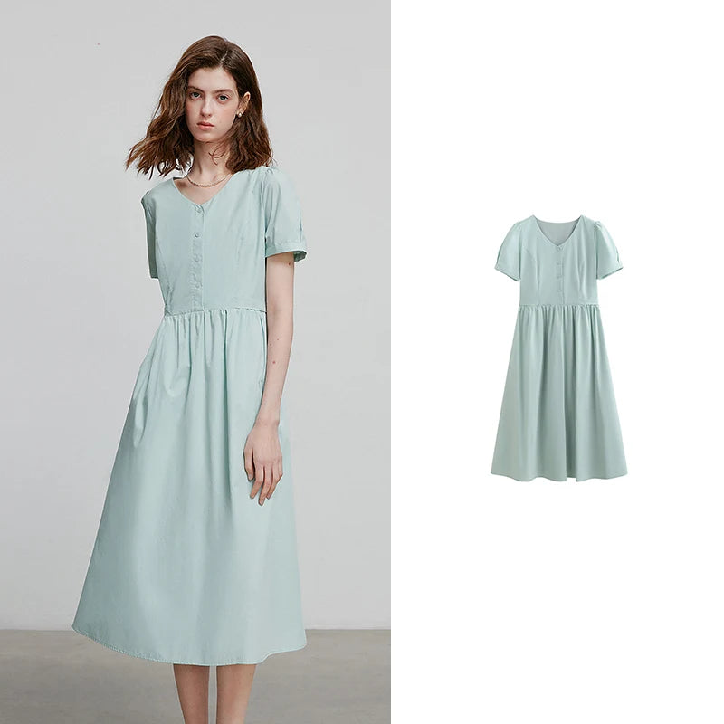 Vestido Midi com Decote V e Manga Bufante Verde