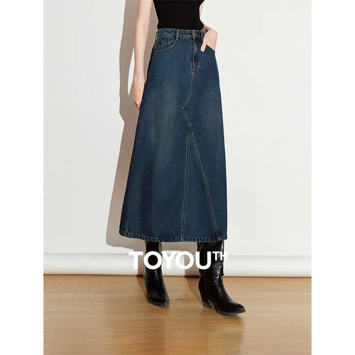 Saia Jeans Midi Feminina com Bolsos Evasê de Liocel