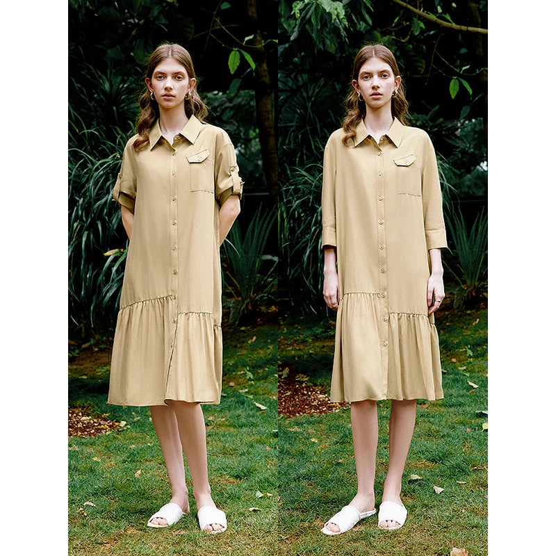 Vestido Chemise Curto em Liocel com Bolsos
